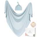 Baby Swaddle Receiving Blankets with Matching Beanie Set Newborn Nursery Swaddle Wrap for Baby Girls and Boys (Blue)