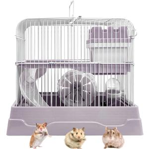 PINVNBY 2-Tier Dwarf Hamster Cage, Hamsters Travel Cage Portable Mouse Cages with Running Exercise Wheels, Water Bottle and Food Dish for Hamster Mouse Rat 11.7 * 8.7 * 9.38 in (Gray)