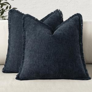 MIULEE Decorative Boho Farmhouse Throw Pillow Covers Pack of 2 Soft Cozy Couch Pillow Covers with Tassels Chenille Accent Pillowcases for Spring Sofa Bed Living Room Home Decor 18x18 Inch Navy Blue