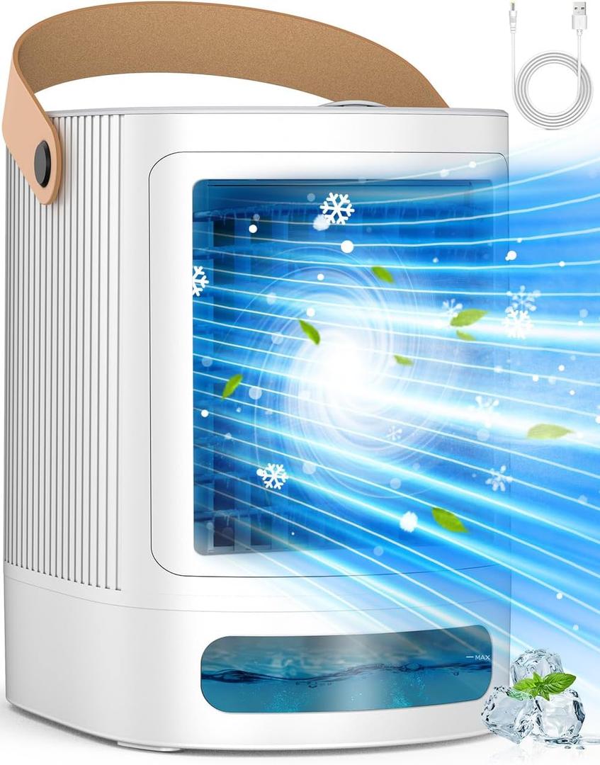 FANCOLE Mini Air Conditioner, 3-IN-1 Small Air Conditioner w/ 3-Level Humidify & 3 Speeds, 7-Color Night Lights, Top Fill Tank for 8H Cooling, Desk Portable Air Conditioners for Bedroom Room Office