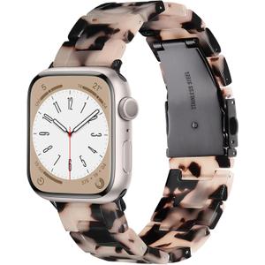 Resin Watch Band Compatible with Apple Watch Band for Women 38mm 40mm 41mm Tortoise Metal Buckle Wristband Bracelet Strap for iWatch Series 10 9 8 7 6 5 4 3 2 1 SE (Black Floral)