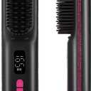 CHRISTINE SHELLY Hair Straightener Brush, Portable Cordless Mini Straightening Brush for Travel, Negative Ion Hot Comb Hair Straightener with 9 Temps for Women, Anti-Scald Ceramic, Fast Charge (A-black With Rose Red)