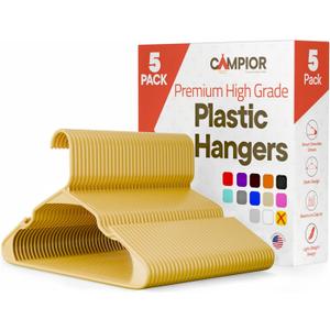 Plastic Clothes Hangers  Heavy Duty Hanger Set, for Organizing Clothes, Dresses, and Coat, Holds Up to 5 lbs, Space-Saving Hangers with Non-Slip Shoulder Grooves, Pack of 5, Yellow