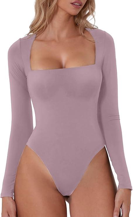 QINSEN Purple Bodysuit for Women Thong Sexy Square Neck Long Sleeve Shirt Tops XS