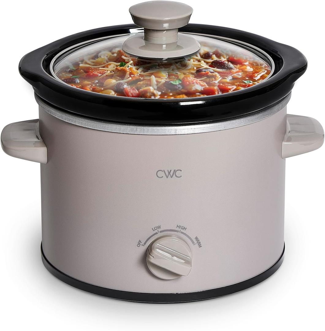 COOK WITH COLOR 2QT Mini Electric Round Slow Cooker - Adjustable Settings, Removable Stoneware Pot, Tempered Glass Lid, Dishwasher Safe, Cool-Touch Side Handles, Greige (Goat/Mink)