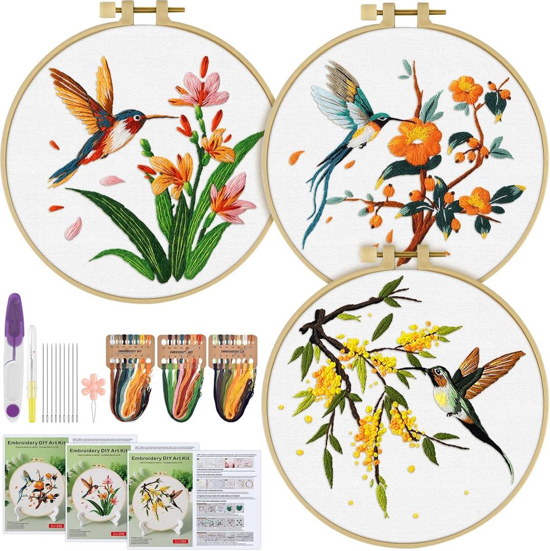 ERKOON 3 Sets Embroidery Kit, Hummingbird Cross Stitch Set for Include Embroidery Cloth Hoops Threads for Craft Lover Hand Stitch (Hummingbird)