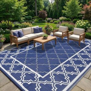Garvee Reversible Outdoor Rug 9x12, Waterproof Outdoor Plastic Straw Rug with Interlacing Pattern, RV Mat for Picnics, Patio, Camping, Balcony, Deck, Backyard, Porch, Blue