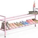 Bumusty 2-Tier Long Expandable Shoe Rack for Closet, 18"-44" Adjustable Shoe Rack for Entryway, 10-12 Pairs Large Shoe Organizer Shelf Storage, Sturdy Metal, Pink