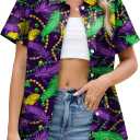 Fat Tuesday Shirts for Women Fat Tuesday Party Outfit Button Up New Orleans Themed Party Short Sleeve Tops, Small