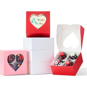 24PCS 4x4x2 Heart Shaped Window Bakery Boxes in White, Pink, Red - Perfect for Strawberry, Cookies, Mini Bundt Cakes, Chocolate Truffles & Small Desserts-Wedding and Party Favors