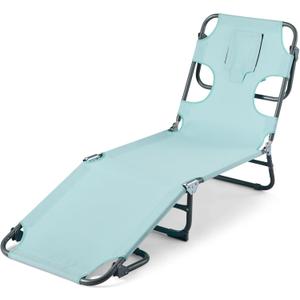 Amazon Basics Outdoor Lounge Chair, Foldable Design with Multi-Angle Backrest, Quick-Drying Polyester Fabric, Portable with Carry Strap, Blue, 1-Pack