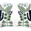 Alysheer Floral Embroidered Summer Lumbar Decorative Throw Pillow Cover 12"x 20", Farmhouse Cottage Navy Blue Green Flowers Leaves Patterned Cotton Canvas Cushion Case for Sofa Couch Bed Living Room (20" x 12" (Pack of 1))