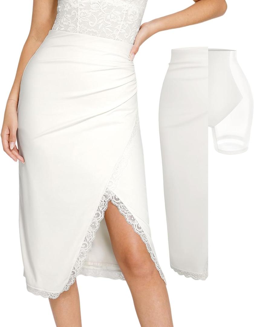 Popilush Midi Skirts for Women Lace Shapewear Split Satin High Waisted Bodycon Long Skirt Built-in Tummy Control (Medium, White)