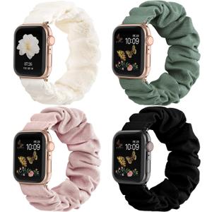 Recoppa Compatible for Apple Watch Band Scrunchie 38mm 40mm 41mm 42mm 44mm 45mm 46mm Cute Printed Elastic Solo Loop Bands Women Bracelet Strap for iWatch Series 10 9 8 7 6 5 4 3 2 1 SE, 4 Packs (Black/Floral Lace/Pink/Pine Green)