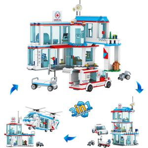 City Hospital STEM 3 in1 Building Sets, Compatible with Lego Ambulance Tor Truck, Rescue Helicopter, Connect to Other City Sets, 687 PCS Best Gift for 6 7 8 9 10 Boys
