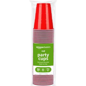 Amazon Basics Sturdy Disposable Plastic Party Cups for Cold Drinks, Red, 18oz, 50 Count, BPA-Free