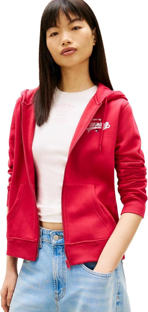 Tommy Jeans womens Medium Weight Zip Up Hoodie With Printed Logo and Drawstring (Ruby Rhubarb) M