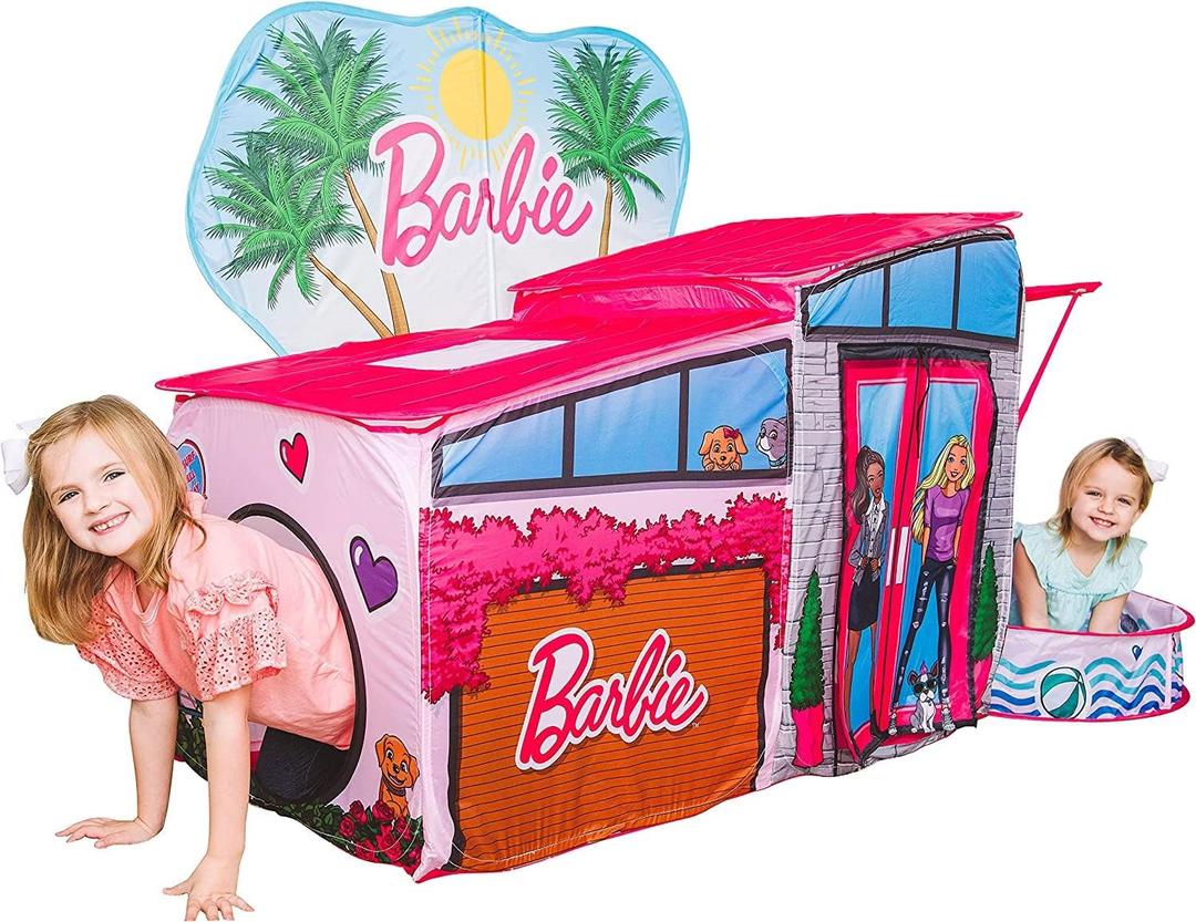 Barbie Dreamhouse Extra Large Pop Up Play Tent with Crawl Tunnel and Ball Pit, Over 7 feet Long, Playhouse Toy Folds Into Storage Bag, 20 Play Balls Included, Gift for Toddlers and Kids 3+
