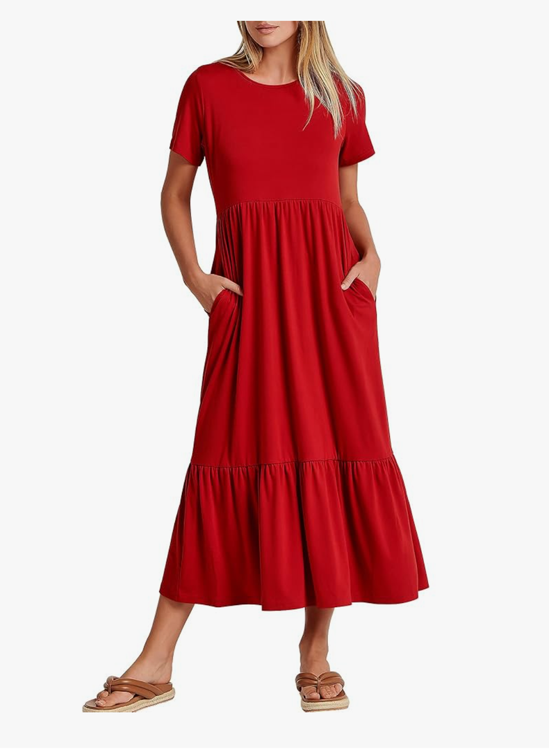 HUSKARY Womens 2025 Summer Casual Maxi Dress A line Tiered Flowy Short Sleeve Crewneck T Shirt Beach Travel Long Dresses, Medium