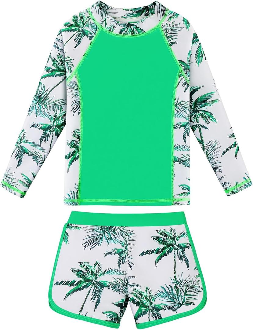 BAOHULU Girls Rash Guard Swimsuit 2 Pieces Long Sleeve Bathing Suit UPF 50+ Quick Dry Beach Swimwear Size 3-14 Years (Green)
