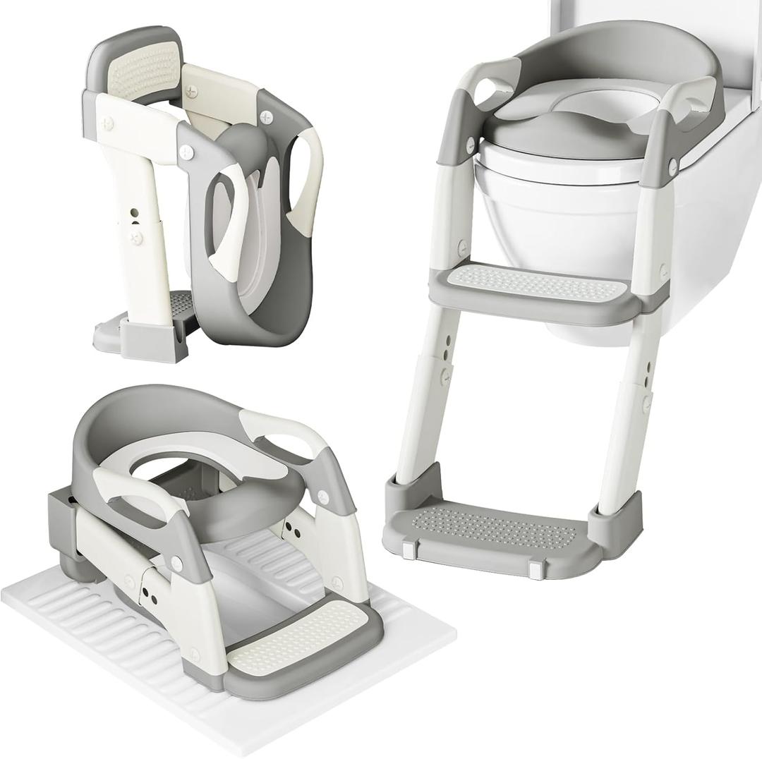 3 in 1 Potty Training Seat for Toddlers Adjustable Toilet Trainer with Anti-Slip Steps and Splash Guard Converts to Step Stool & Child Toilet Chair Foldable Design for Boys & Girls(Grey)