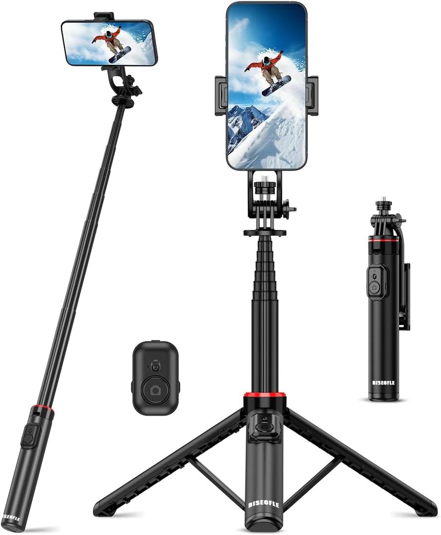 51" Cell Phone Selfie Stick Tripod, with Wireless Remote, Portable, Retractable, Aluminum Alloy, for iPhone, Samsung and Other Smartphones (Black)