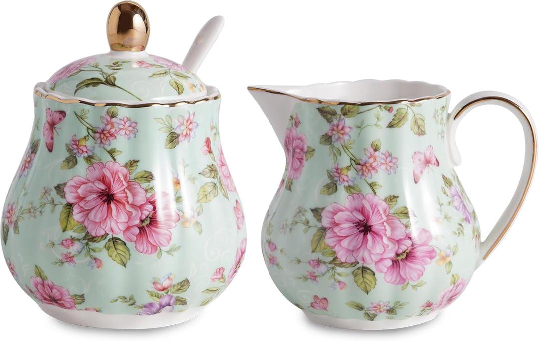Ceramic Sugar and Creamer Set, 3 Piece Set with Cream Pitcher, Sugar Bowl, Sugar Set with Lid and Spoon (Green)
