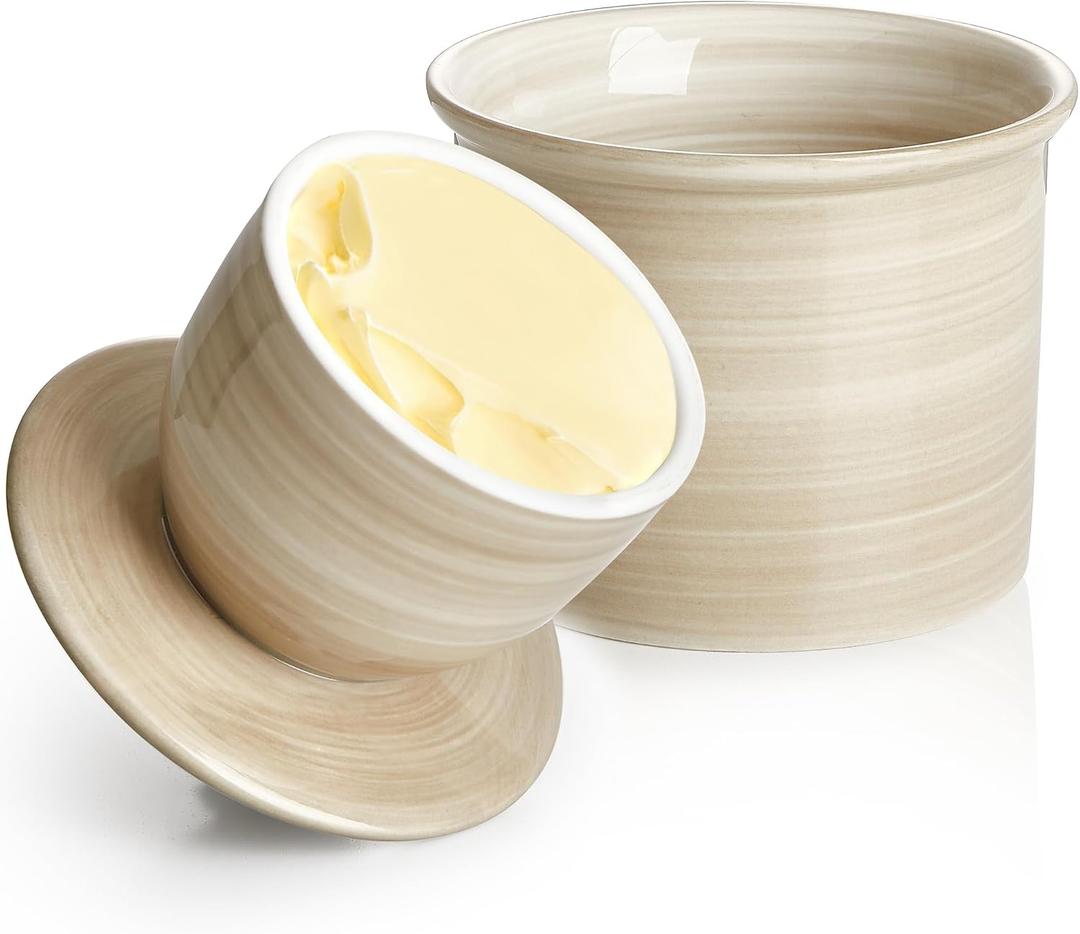 Sweese Hand-Painted Butter Crock with Water French Butter Keeper Crock with Lid for Countertop, Artistic Design, Dishwasher & Microwave Safe, Gift-Ready-Light Grey