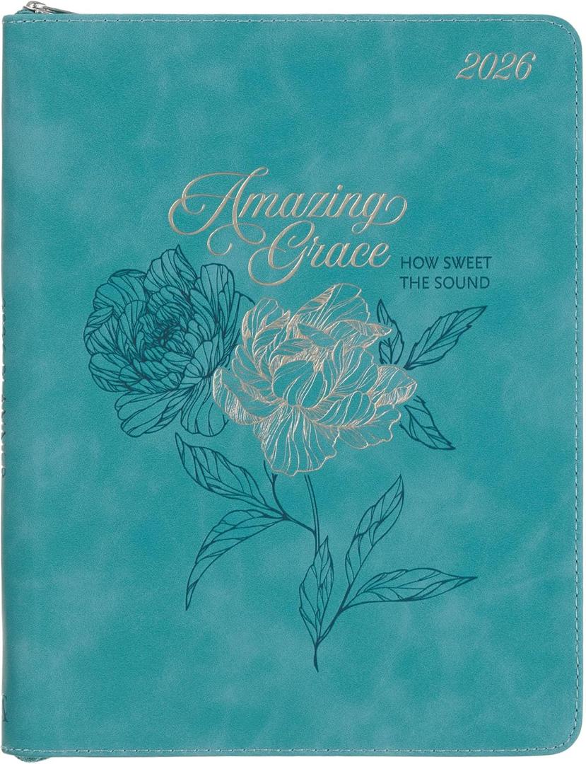 Christian Art Gifts 2026 18 Month Premium Zippered Vegan Leather Daily Planner for Women: Amazing Grace Encouraging Scripture, Weekly & Monthly Planning, Organizing, Goals, Reminders, Teal Floral