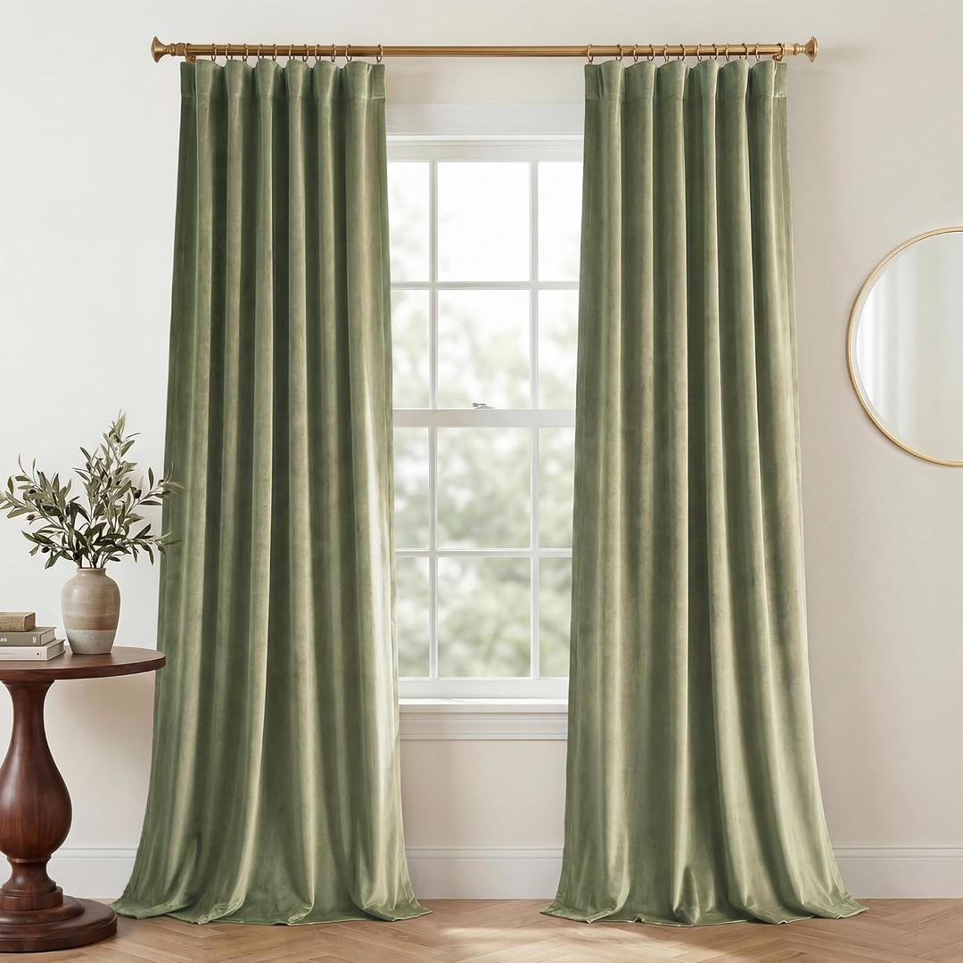StangH Green Velvet Curtains for Living Room, Elegant Room Darkening Drapes with Privacy Solid Energy Smart Holiday Decor Window Treatments for Nursery, Sage Green, W52 x L90, 2 Panels