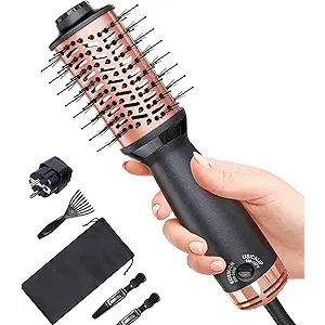 Travel Dual Voltage Hair Dryer Brush, Small Hot Air Brush for European Travel, Compact 2 Inch One Step Blowout and Volumizer Hair Blow Dryer with Oval Design, Rose Gold