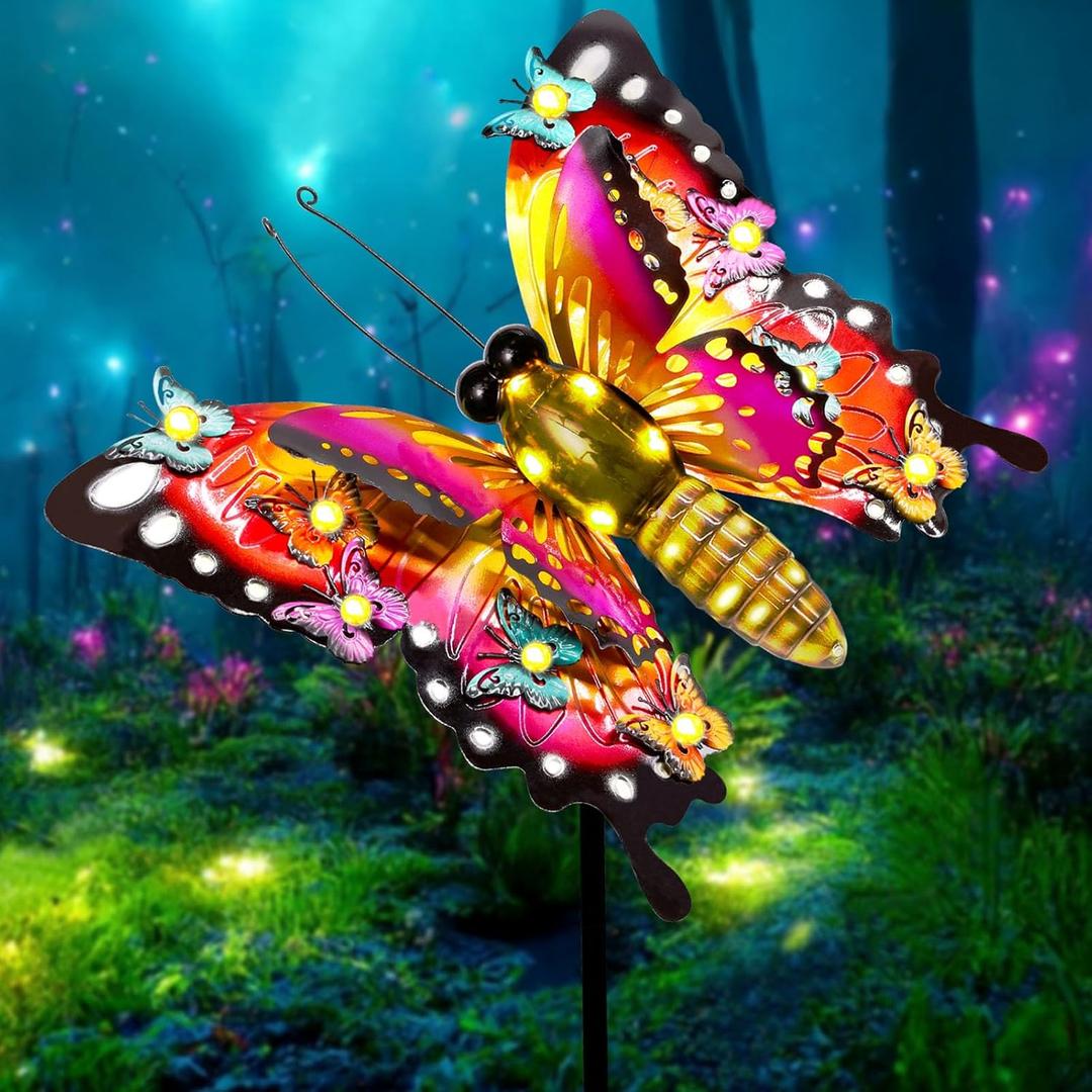Solar Garden Lights, Outdoor Butterfly Garden Decor Large 41" Metal Decorative Lights, Waterproof Butterfly Decoration for Outside Patio Yard Porch Birthday Gardening Gifts for Mom Women Mother's Day (Red)
