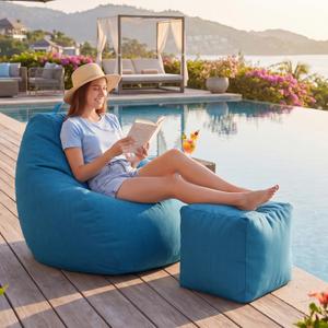 Outdoor Bean Bag Chair Set with Ottoman, Waterproof, Teardrop Boat Bean Bags and Matching Square Footrest, Breathable Weather Resistant Fabric for Marine Patio Pool(Blue)