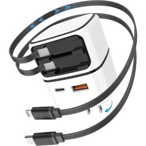 Retractable Charger Wall Plug with Dual Cables - 35W Fast Charging, Dual USB-A/USB-C Ports, Portable Travel Charger Block for iPhone 17/16/15 Series, iPad, Galaxy, Pixel, and More, White