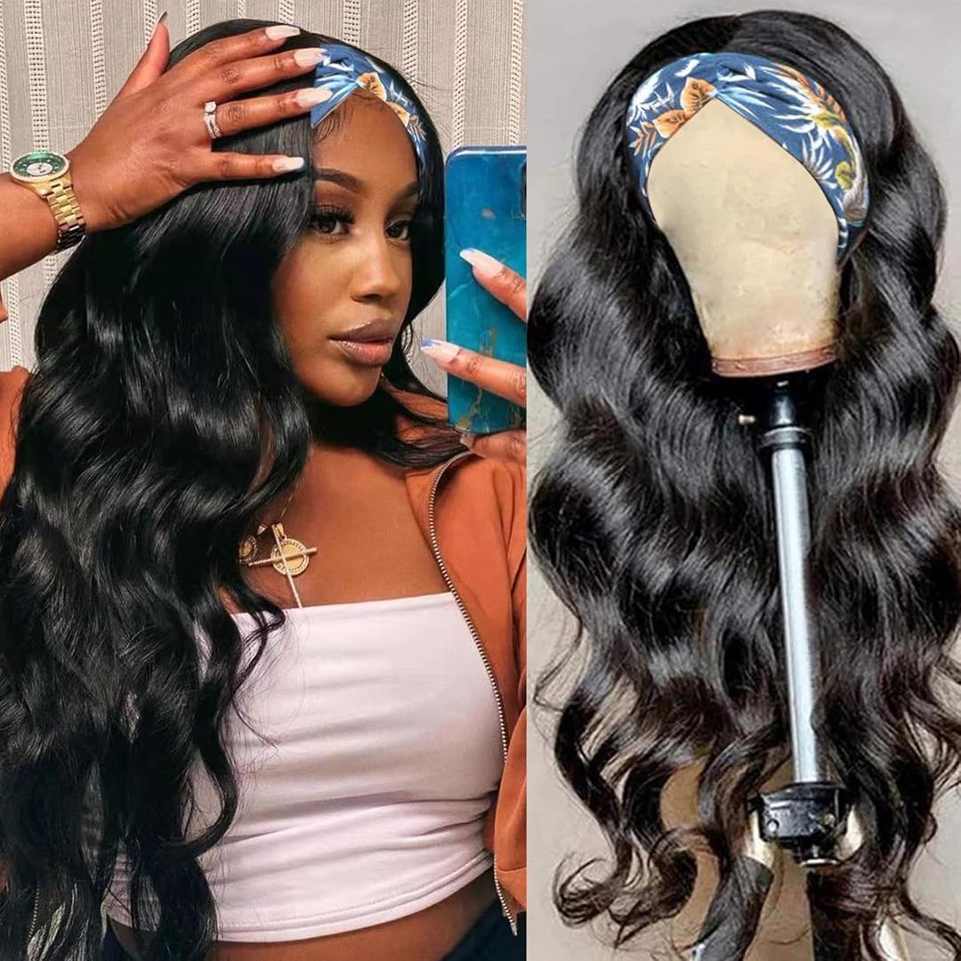 Headband Wig Human Hair Wigs Body Wave Headband Wig 24 Inch Glueless Human Hair Wig for black women human hair glueless, None Lace Front Wigs 180% Density Wear and Go Wig Machine Made Headband Wigs