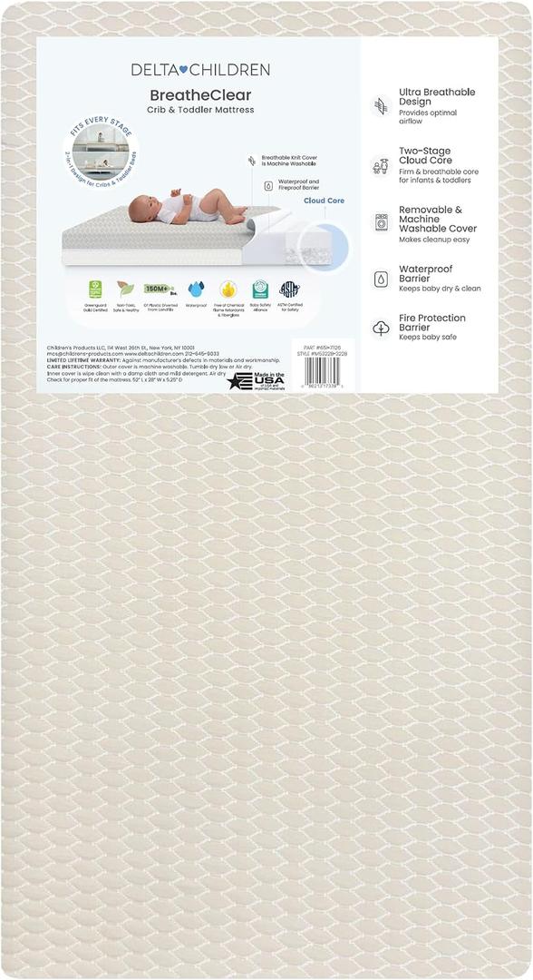 Delta Children BreatheClear Breathable Crib Mattress and Toddler Mattress [52"L x 28"W x 5"Th]