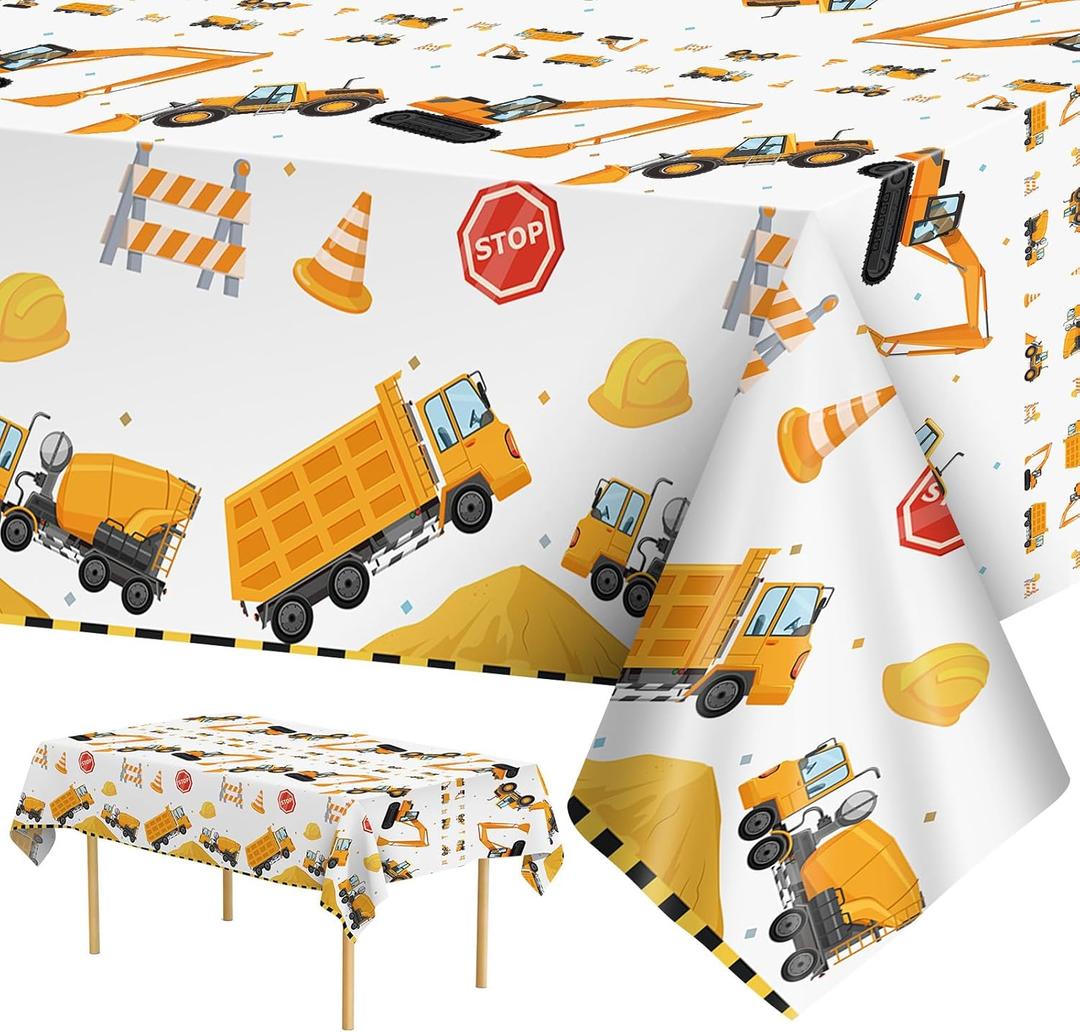 2 Pack Construction Table Cloth - Dump Truck Tablecloth, Plastic Disposable Rectangle Yellow Trucks Themed Table Cover for Construction Birthday Party Supplies Tables Decorations Favors, 87 x 51 Inch