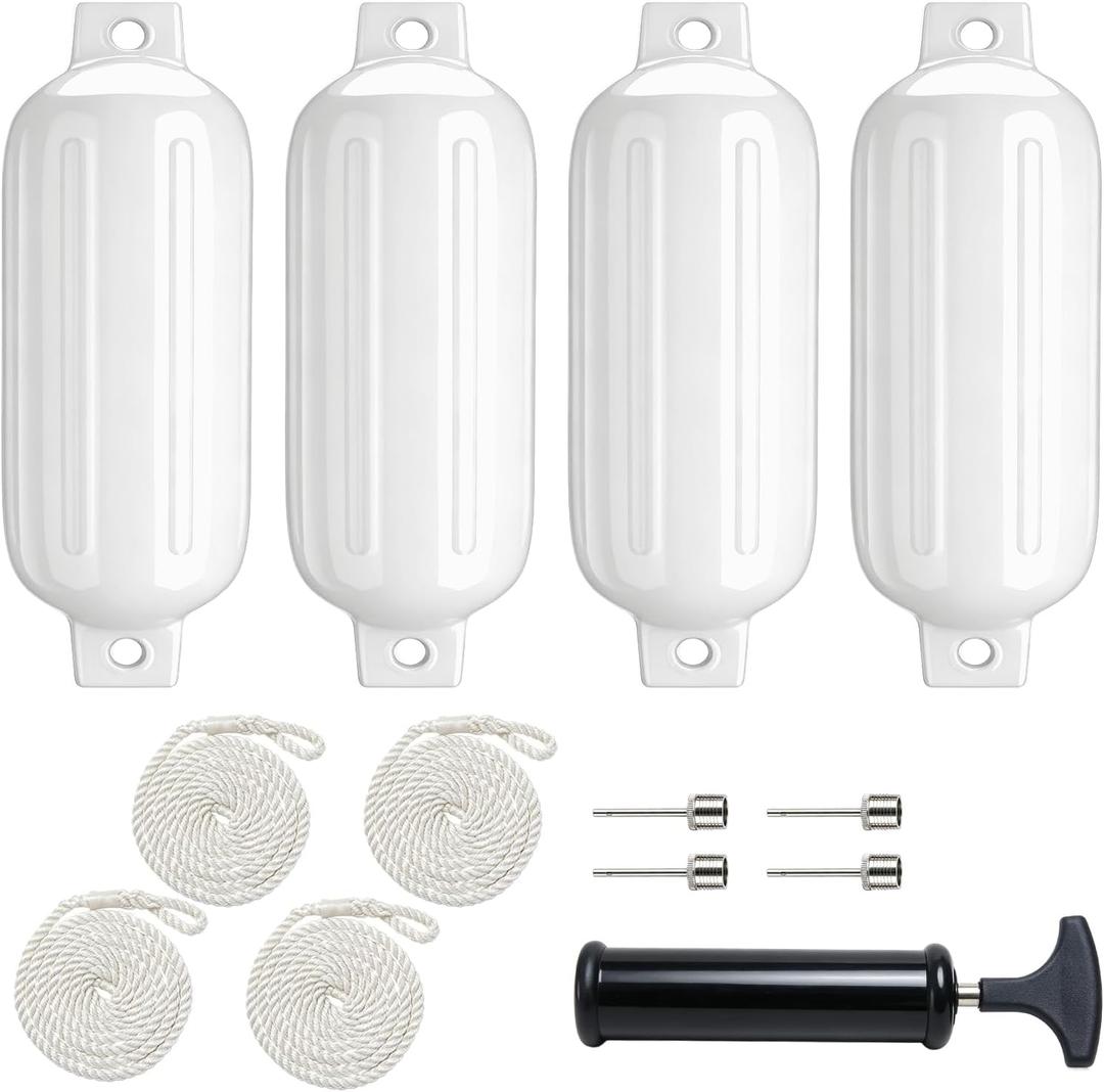 4 Pack 4.5"/6.5" Boat Fenders, Ribbed Twin Eyes Inflatable Marine Bumpers for Docking with 4 Ropes, 4 Needles and 1 Pump, Pontoon Boat Fenders for Yachts, Sailing Dinghies, Bass Boats
