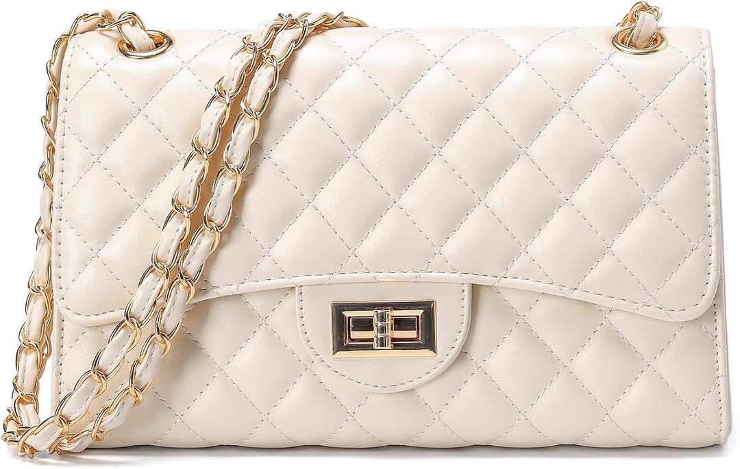 Quilted Leather Crossbody Bags for Women Trendy Ladies Shoulder Purse Satchel HandBag with Chain Strap (Beige)