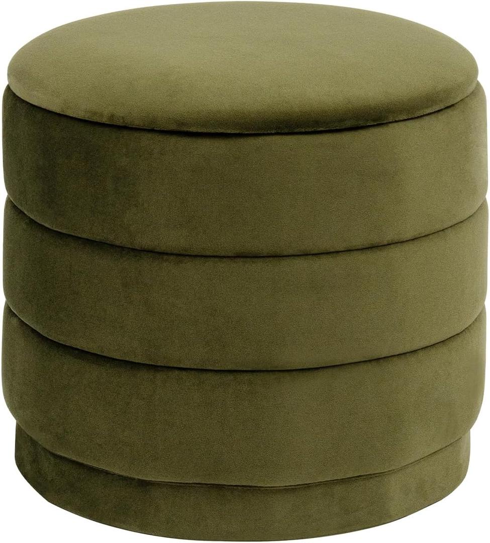 15.4" Round Velvet Storage Ottoman with Reversible Lid, Upholstered Circular Ottoman Footrest with Hidden Storage, Foldable Padded Footstool for Dorm Living Room & Bedroom, Olive Green