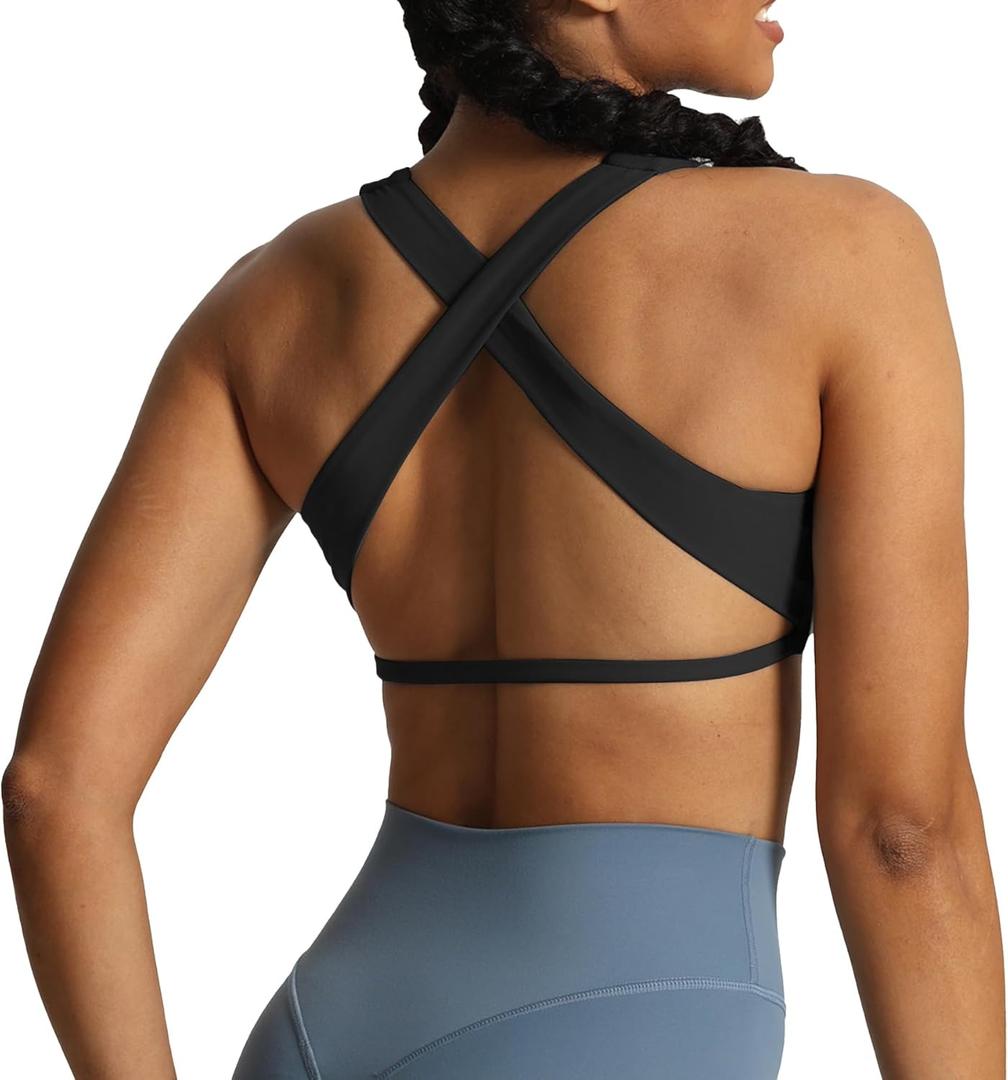 Aoxjox Women's Workout Sports Bras Square Neck Emma Cross Back Fitness Training Gym Bra Yoga Crop Tank (S, Black)