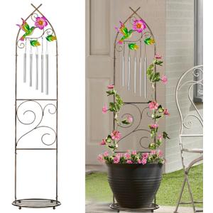 Garden Trellis with Plant Stands, 48 Metal Detachable Hummingbird Plant Pot Trellis with Wind Chimes for Climbing Plants Outdoor Lawn Patio Porches Decor