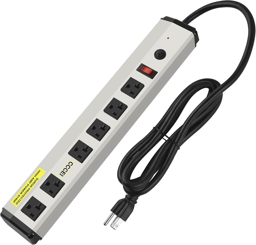 CCCEI Heavy Duty Power Strip Surge Protector 20 Amp, High Amp Industrial Shop Garage Metal Multiple Outlets, 12 FT 12 Gauge 5-15P Extension Cord 6 Outlet 6-20R T-Slot 20a for Appliance. (Grey)