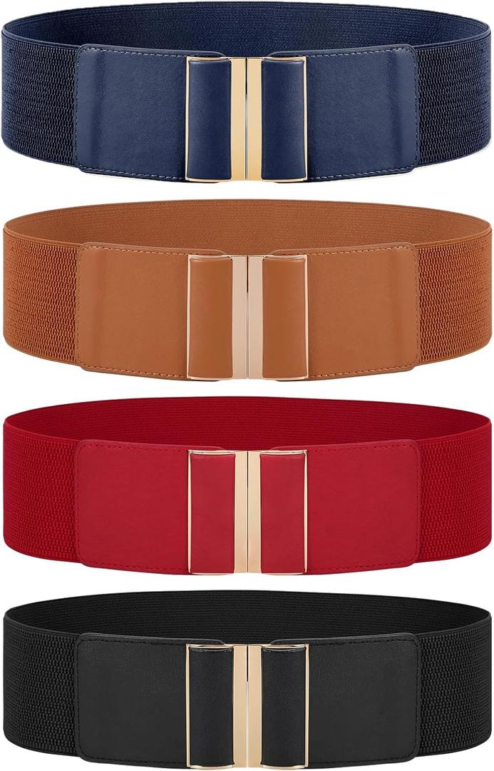 JASGOOD 4 Pack Wide Elastic Stretch Waist Belts for Women Dress Belt (Fit Waist Size 28"-31", C-black+brown+red+blue)
