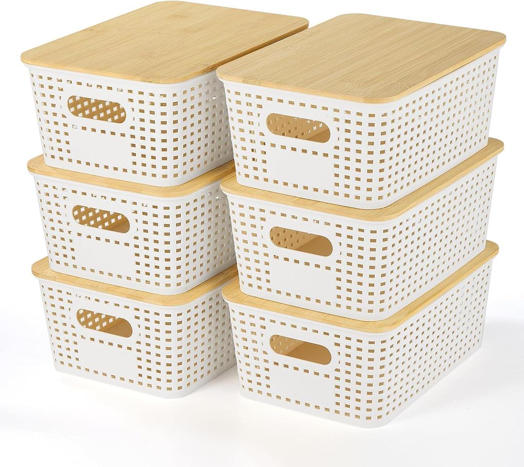 Plastic Storage Baskets With Bamboo Lid - Plastic Storage Containers Stackable Storage bins: Storage Baskets for Organizing Shelves Drawers Desktop Closet Playroom Classroom Office, 6 Pack (Cream White)