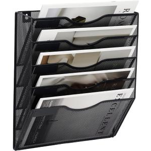 EASEPRES 5 Pocket Mesh Hanging Wall File Organizer, Wall Mounted Mail Paper Document Folder Holder, Clipboard Storage Organization Magazine Rack with Nametag Label for Office Home School, Black