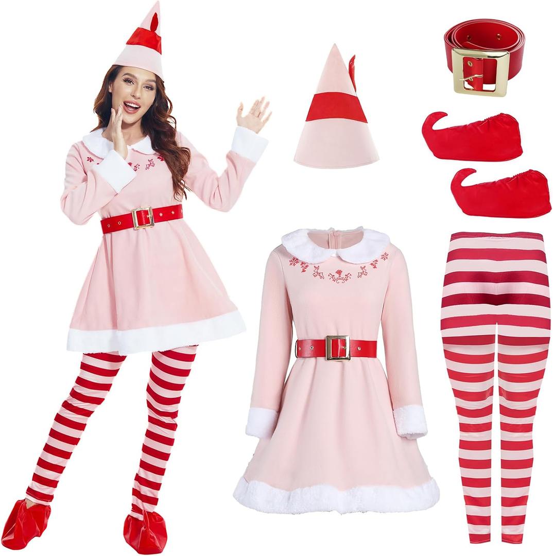 Christmas Elves Costume For Women,Elves costume adult Women Christmas Cosplay Costume Full Set (X-Small, Pink)
