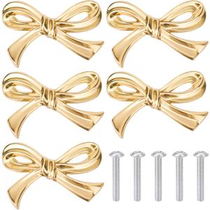 Gosknor 5pcs Bow Shape Cabinets Knobs, Brass Vintage Gold Cabinet Pulls Decorative Bow Dresser Handle for Home Kitchen Dresser Cupboard Wardrobe Drawer Pulls