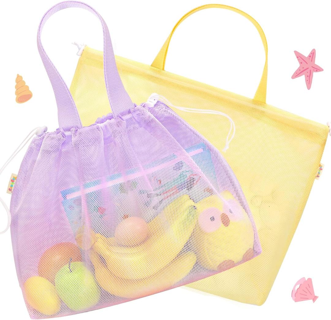 Tagitary Beach Toys Kids Beach Bag Tote with Drawstring,Yellow Purple Mesh Bag Travel Beach Essentials for Kids Swim Pool Gym Bag Camping Accessories Toys Storage Lightweight Foldable Birthday Gifts