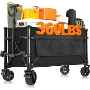 Favoyard Collapsible Wagon Carts Foldable 150L & 360LBS Portable Folding Wagons with All-Terrain Wheels & Brakes Heavy Duty Outdoor Utility Cart for Grocery Camping Shopping Sports Garden, Black